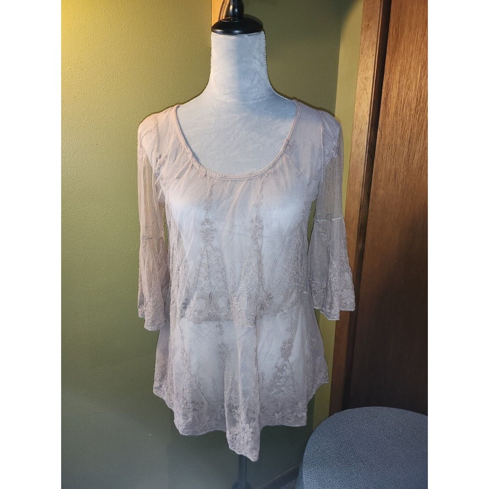 Gimmicks BKE Top: Medium Brown Sheer Mesh Floral Embroidery Bell Sleeve